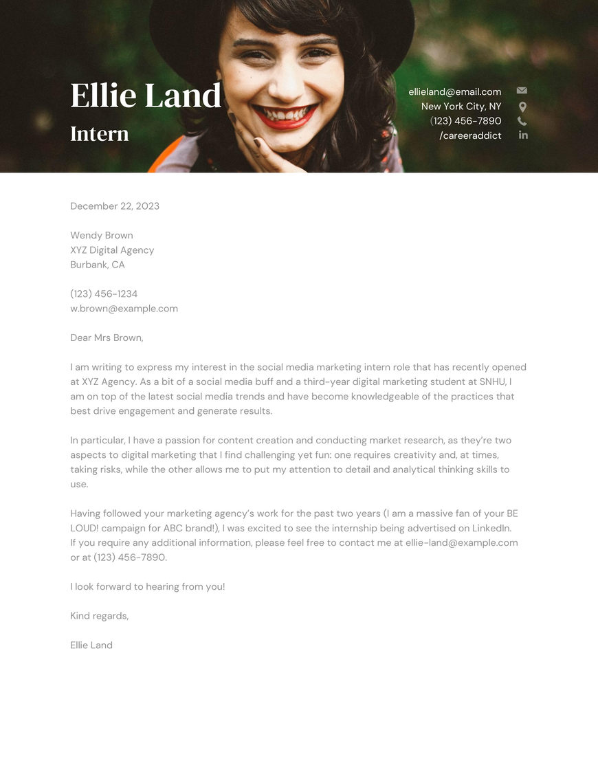 Intern Cover Letter Example