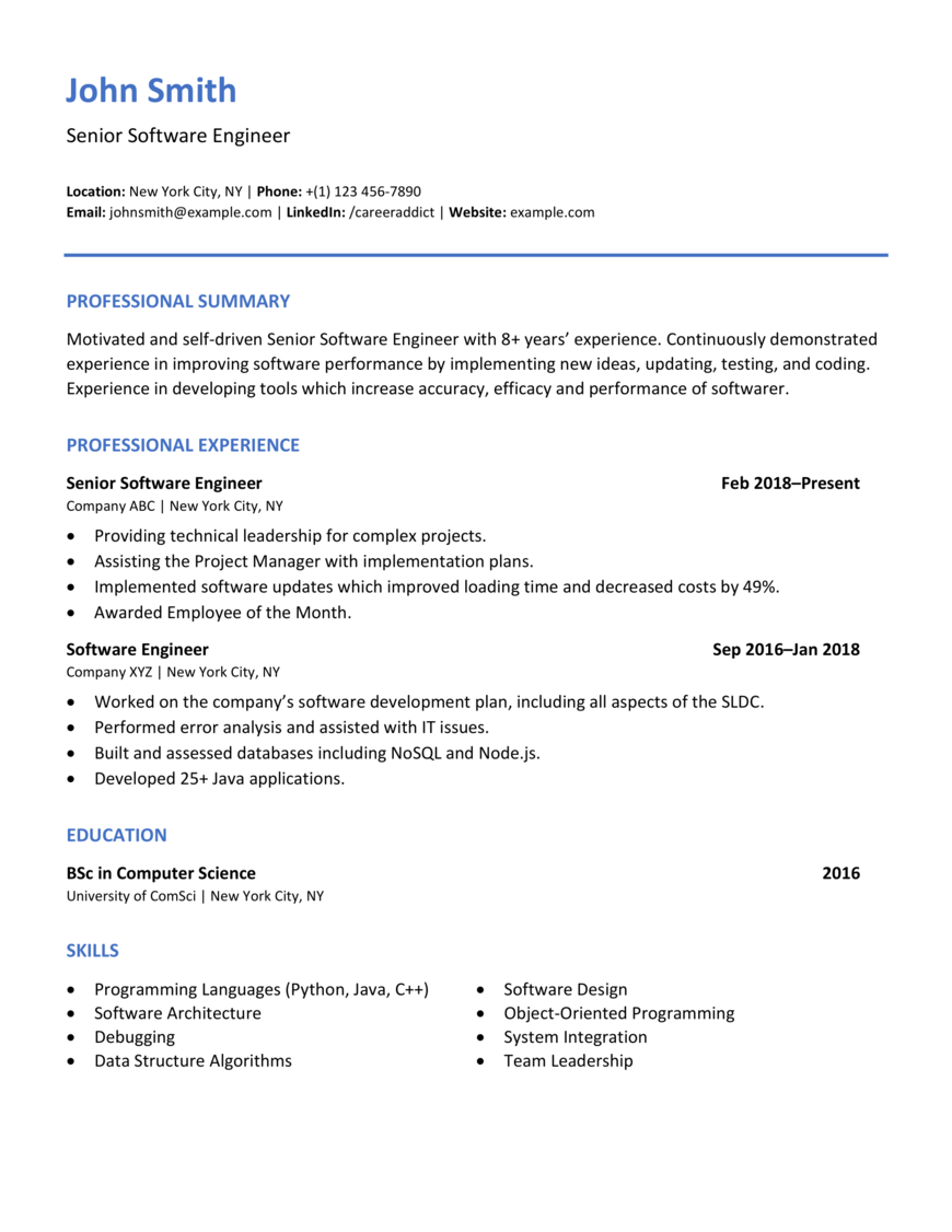 Senior Software Engineer Resume Example