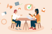 A woman answering the interview question "What is your management style?"