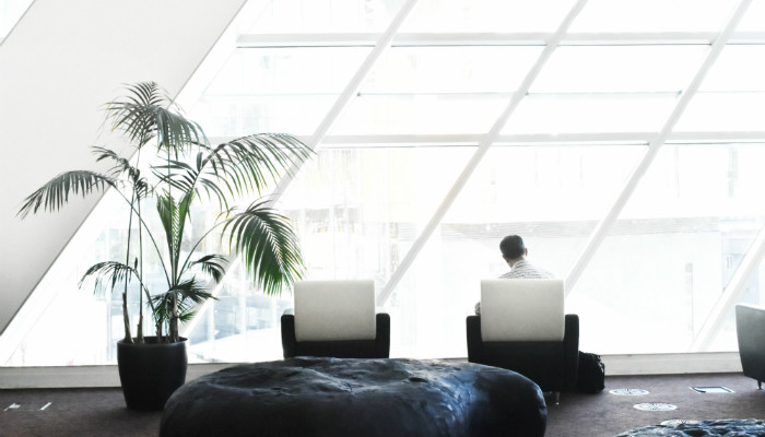 A man sitting in a contemporary office with tall windows