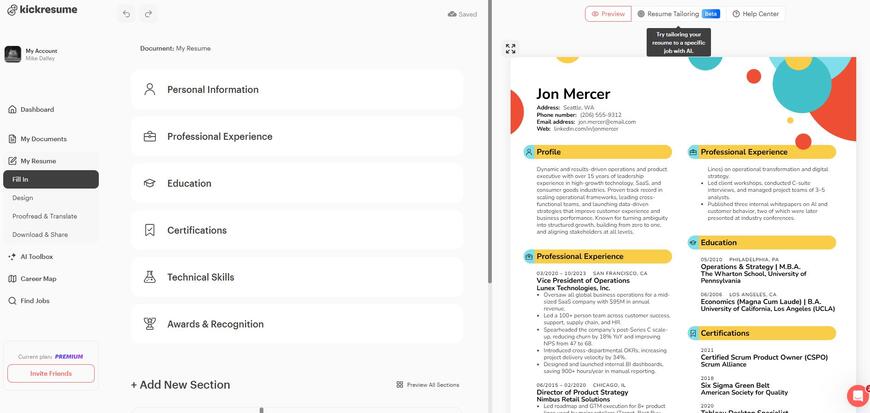 kickresume resume builder